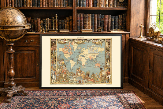 Victorian Era British Empire Map Poster (1886) Featuring Global Regions and Cultural Attire