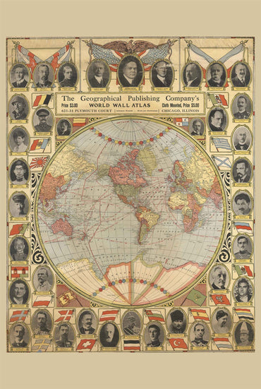 Vintage 1921 World Map - Decorative Wall Atlas Print with World Leaders Portraits - Strategy Maps