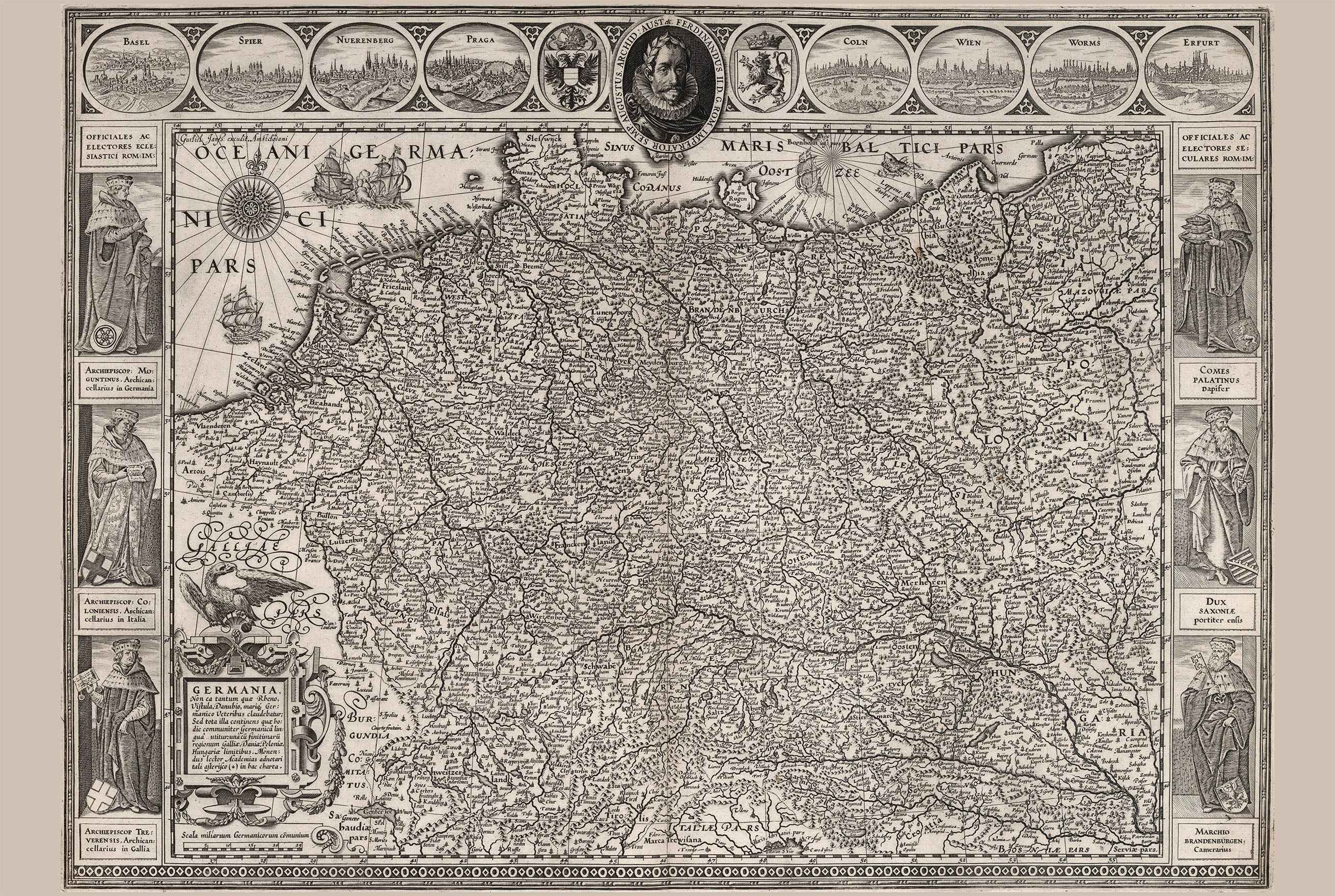 Vintage Germany Map 1630 - Decorative Print with Cities and Historical Clothing Details - Strategy Maps