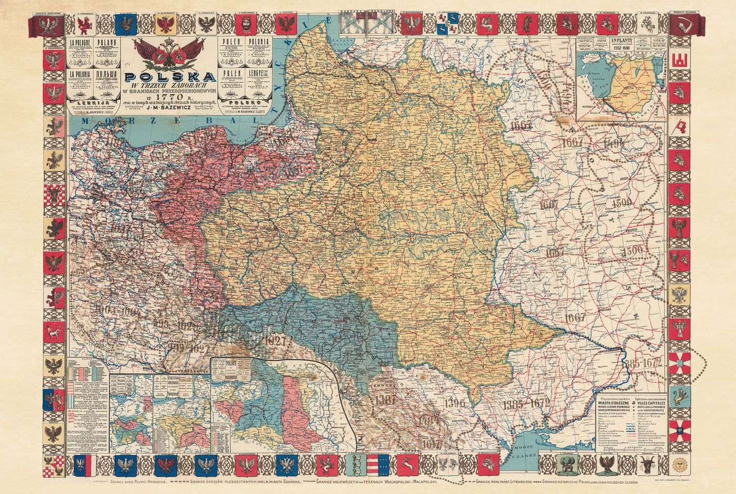 Vintage mapa Rzeczpospolitej Obojga Narodów z 1770 r. ze szczegółami rozbiorów