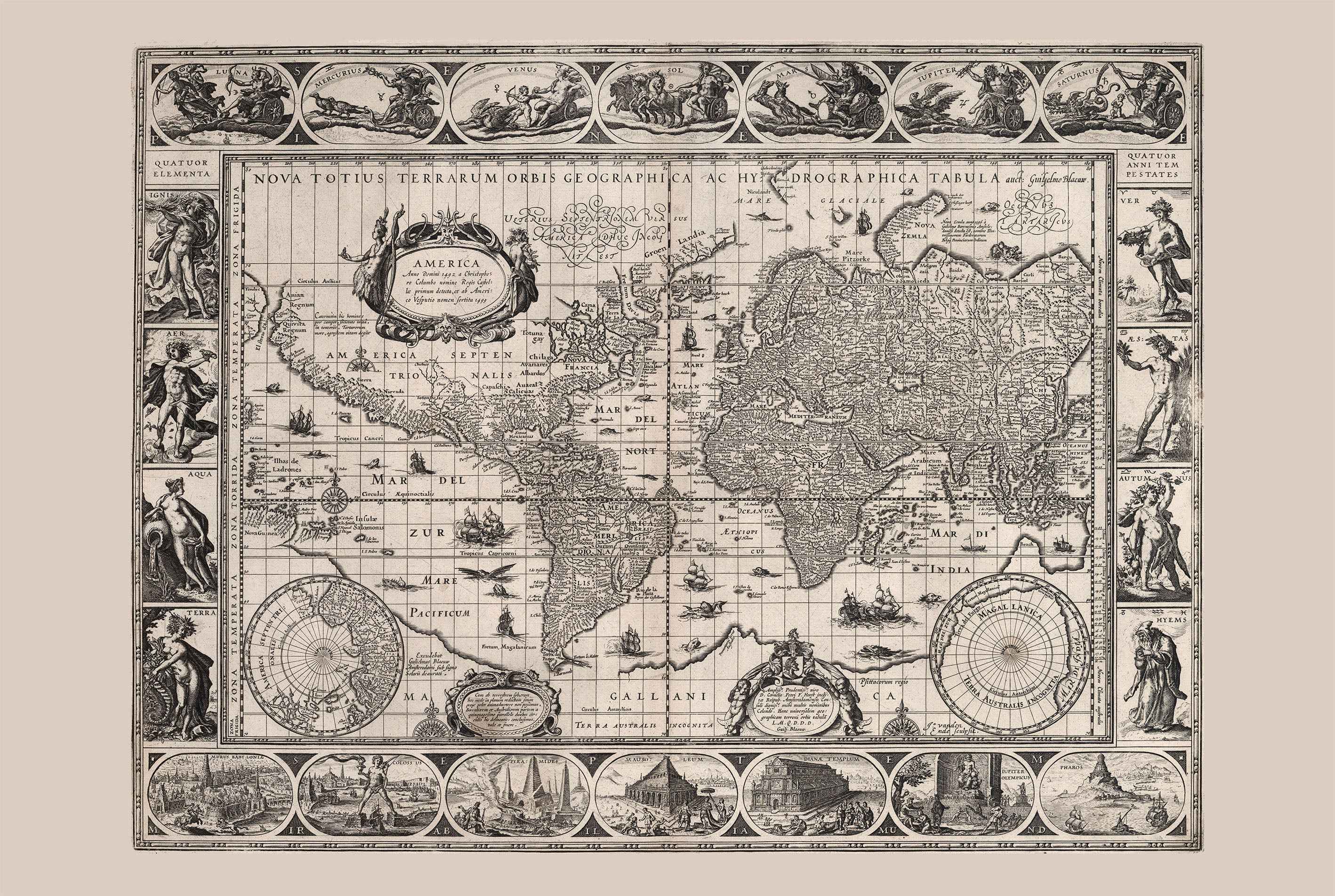 Vintage World Map (1630) - Fine Art Print Showing Mythology and Seven Wonders - Strategy Maps