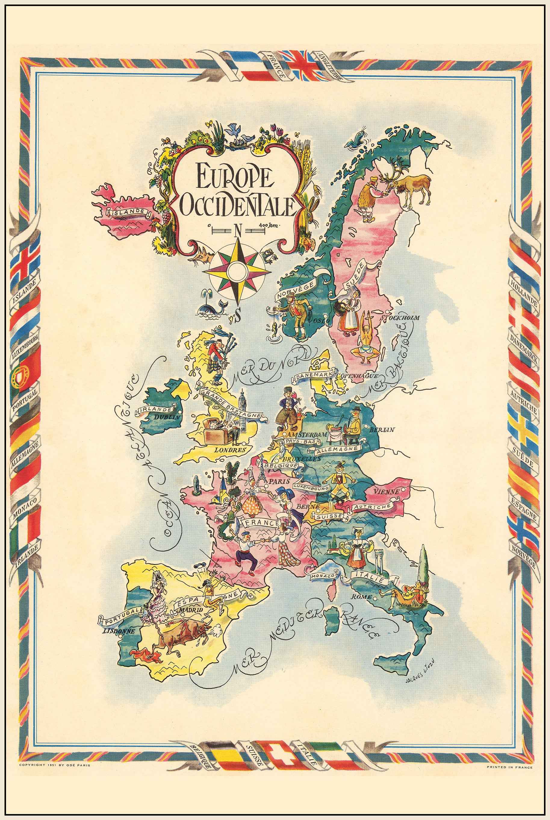 Western Europe Illustrated Map - Vintage Pictorial Map with Cities and Wildlife - Strategy Maps