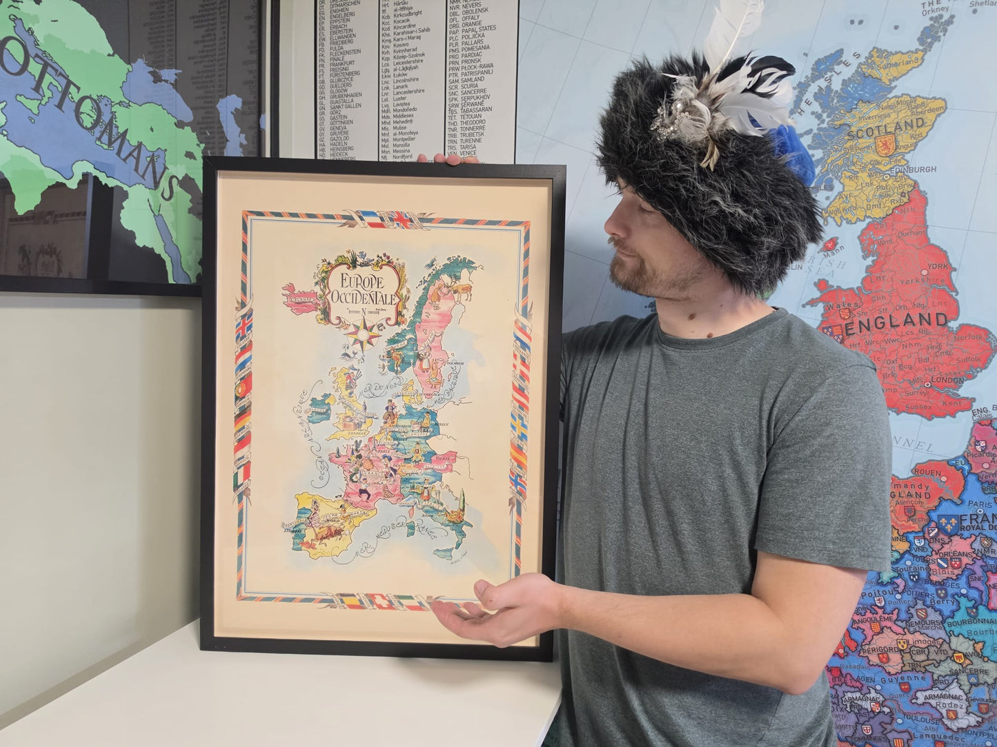 Mapa ilustrowana Europy Zachodniej - Historyczna mapa obrazkowa z miastami i dziką fauną