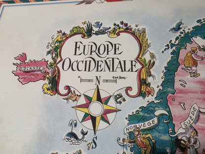 Mapa ilustrowana Europy Zachodniej - Historyczna mapa obrazkowa z miastami i dziką fauną