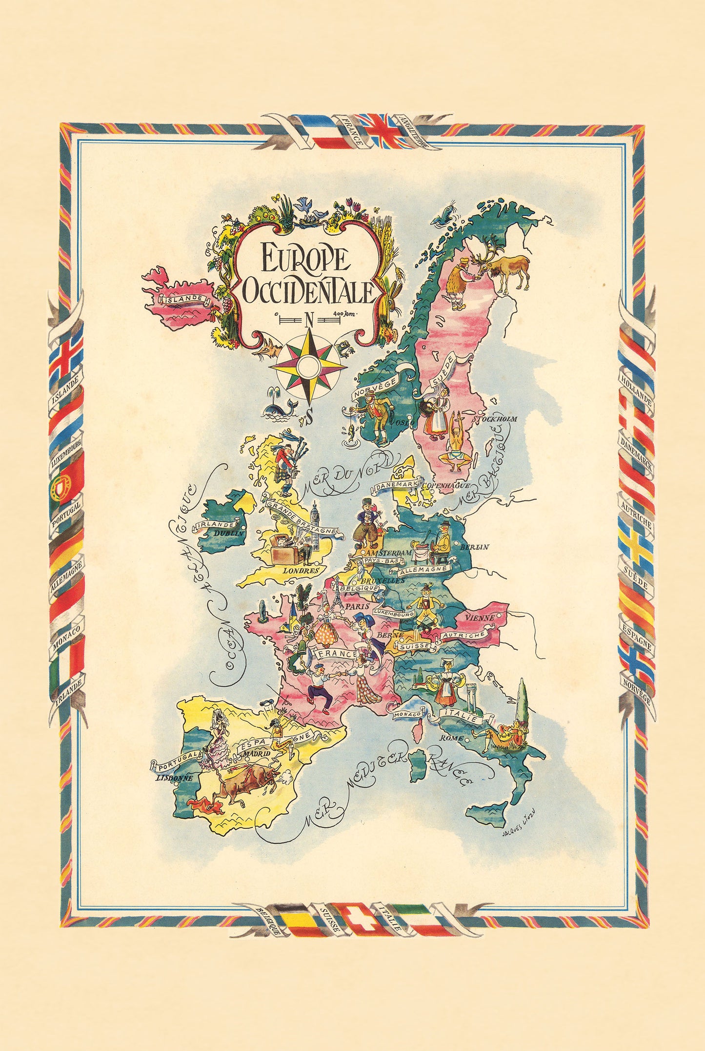 Mapa ilustrowana Europy Zachodniej - Historyczna mapa obrazkowa z miastami i dziką fauną