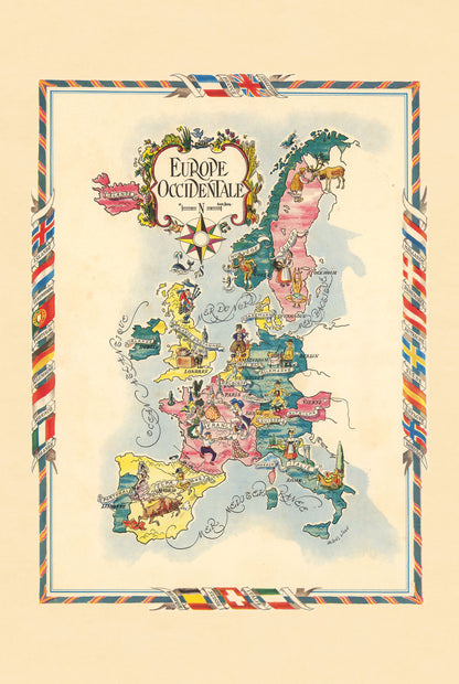 Mapa ilustrowana Europy Zachodniej - Historyczna mapa obrazkowa z miastami i dziką fauną