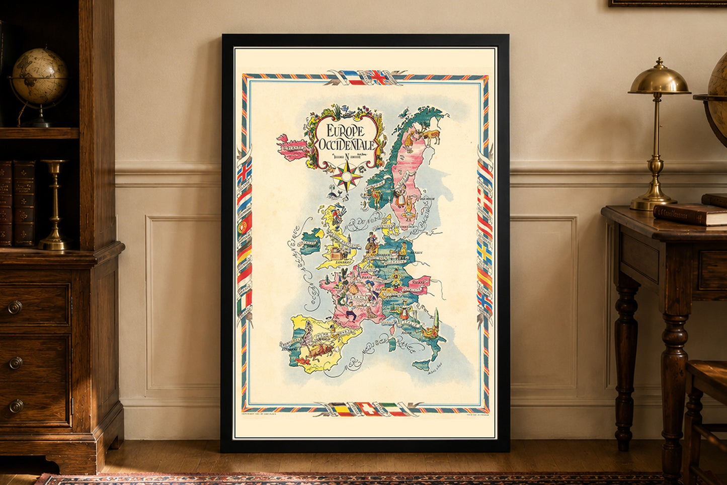 Western Europe Illustrated Map - Vintage Pictorial Map with Cities and Wildlife