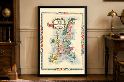Western Europe Illustrated Map - Vintage Pictorial Map with Cities and Wildlife