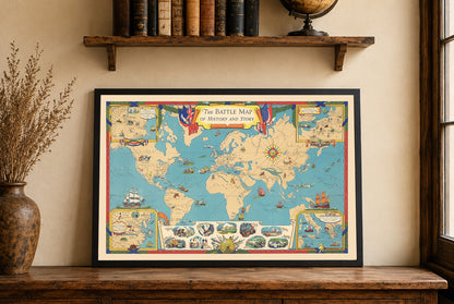 World History Map Print - Major Battles & Global Conflict Locations Illustrated