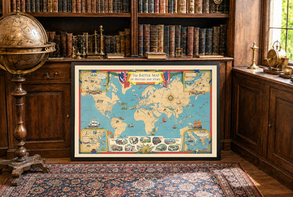 World History Map Print - Major Battles & Global Conflict Locations Illustrated