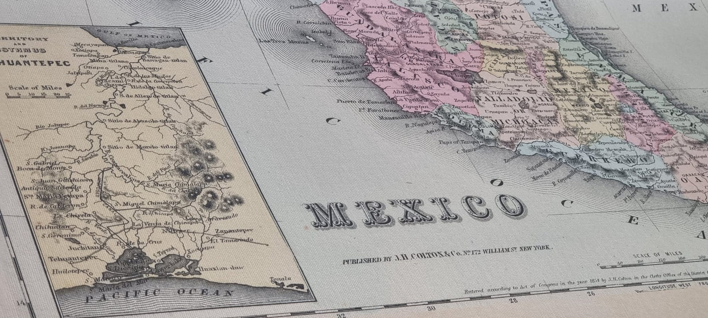 1856 Meksyk Druk Kartograficzny - Mapa Vintage z Granicami Stanów i Szczegółami Regionalnymi