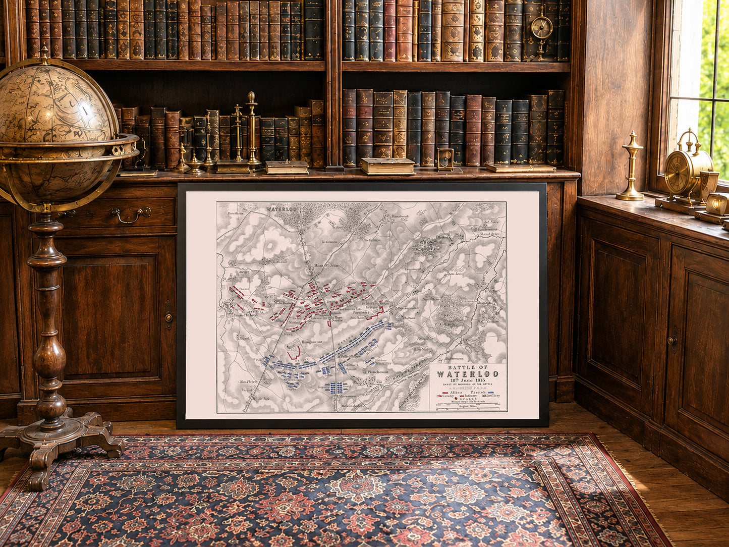 1815 Bitwa pod Waterloo, druk kartograficzny - historyczny plan militarny z formacjami wojskowymi