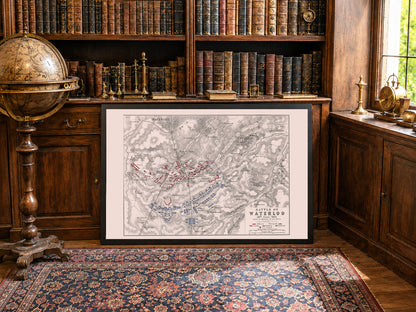 1815 Bitwa pod Waterloo, druk kartograficzny - historyczny plan militarny z formacjami wojskowymi