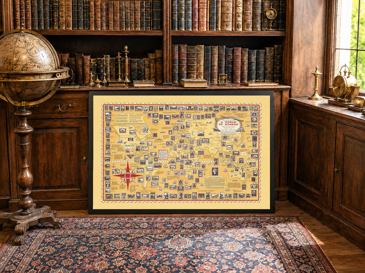 Plakat A World of Stamps (1947) - Vintage Dekoracja Ścienna Filatelii i Historii Poczty
