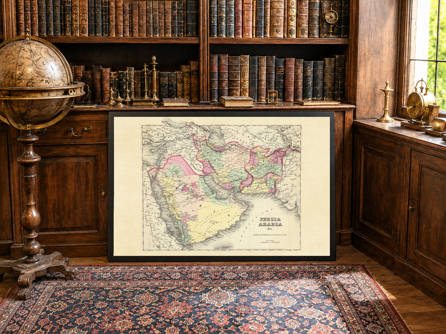 Plakat z mapą Persji i Arabii z 1856 roku - Ręcznie kolorowane regiony, w tym Iran, Arabia i Afganistan